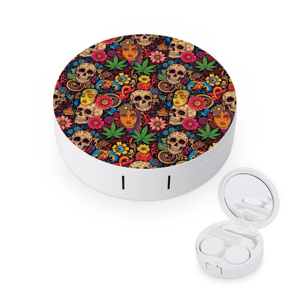 MUMEHAZ Contact Lenses Applicator Removal Tool Kit with Mirror Solution Bottle Trippy Colorful Skull WeedLeaf Leaves Travel Contact Lens Case Holder