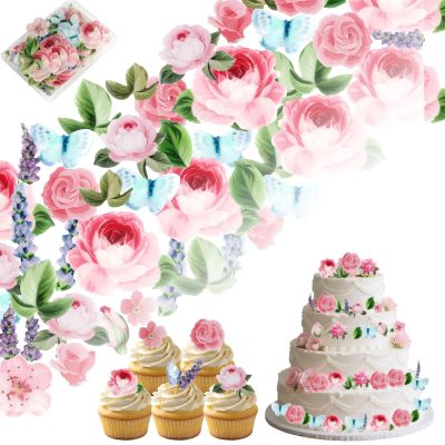 100Pcs Edible Flowers Cake Decorations, Wafer Paper Flower Cupcake Toppers Assorted Colors for Baking, Edible Butterflies and Leaves for Wedding Birthday Baby Shower Party Supplies