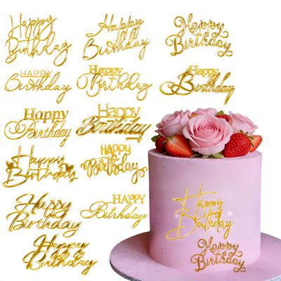 Gold Happy Birthday Cake Topper Mirror Acrylic Cake Sign Topper Cake Decorations DIY Birthday Flower Bouquet Decor Party Supplies Tools