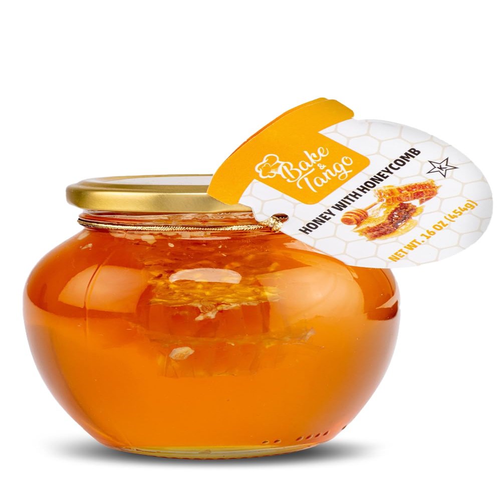 Bake & Tango Raw Honey with Honeycomb - Unfiltered Organic Honey, For Tea, Drizzling, Baking & Snacks, Kosher, 16 oz Glass Jar, Pack of 12