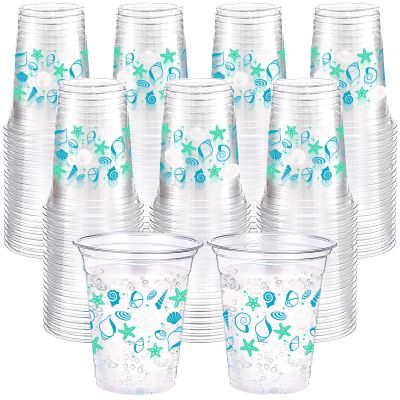Ferrochef 100 Pcs Seashell Plastic Cups 12 oz Summer Beach Starfish Disposable Plastic Drinking Cups Bulk for Under the Sea Ocean Pool Birthday Wedding Bridal Baby Shower Party Decoration Supplies