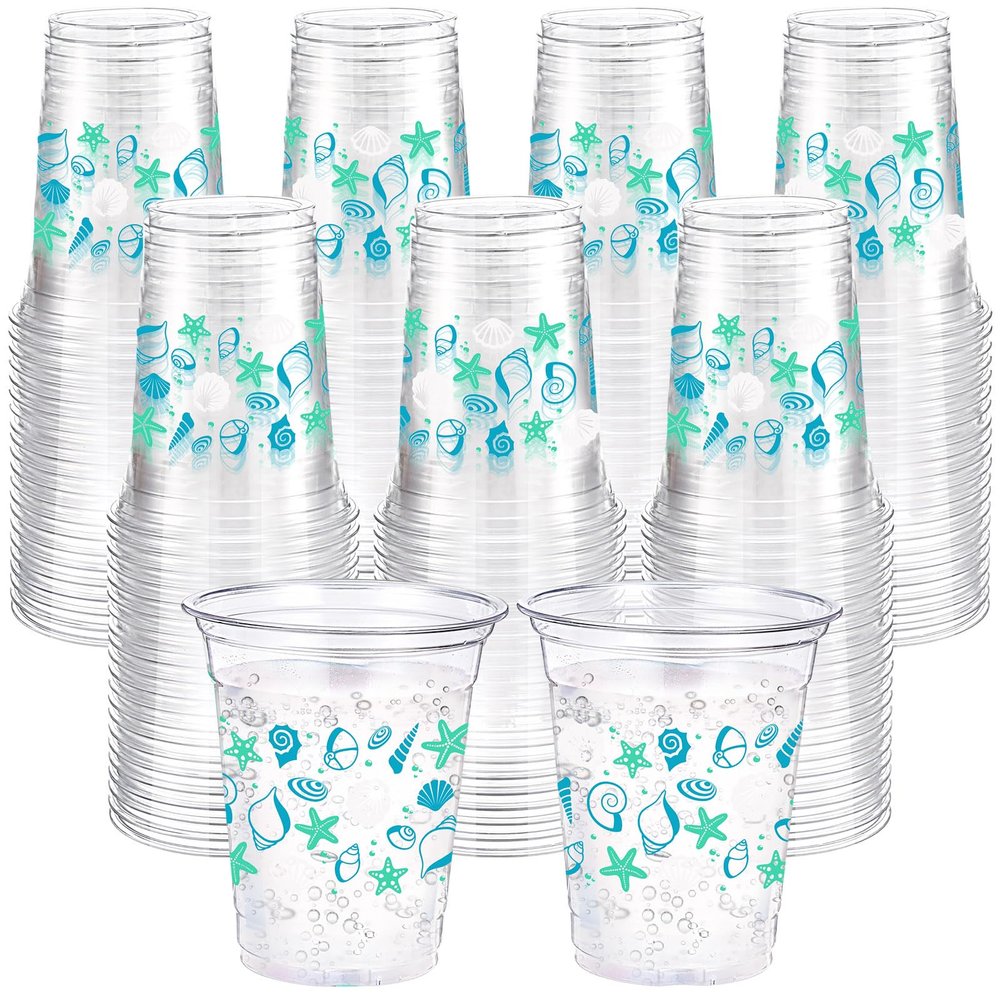 Ferrochef 100 Pcs Seashell Plastic Cups 12 oz Summer Beach Starfish Disposable Plastic Drinking Cups Bulk for Under the Sea Ocean Pool Birthday Wedding Bridal Baby Shower Party Decoration Supplies