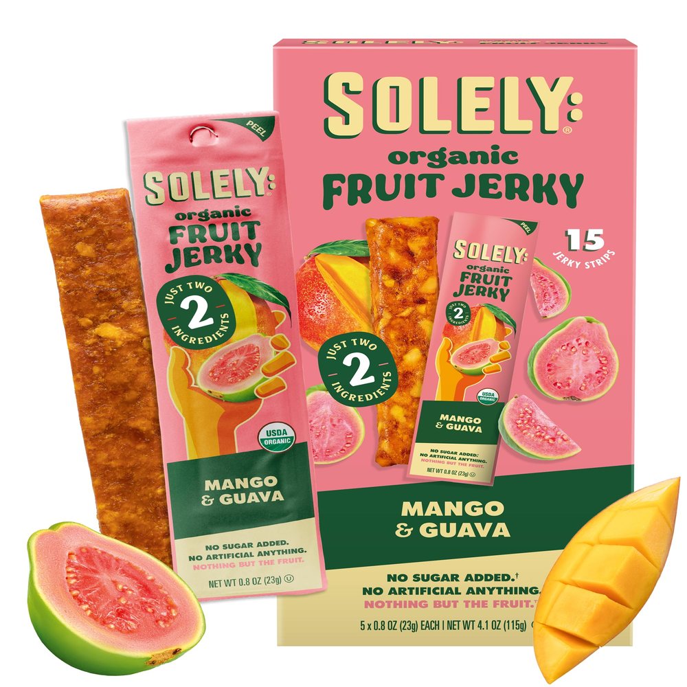 SOLELY - Organic Mango Guava Fruit Jerky - 15 Individually Wrapped Strips - Fruit Leather Made from Dried Fruit - Healthy Snacks for Adults & Kids - Non GMO, Vegan Snacks - 0.8oz (23g)