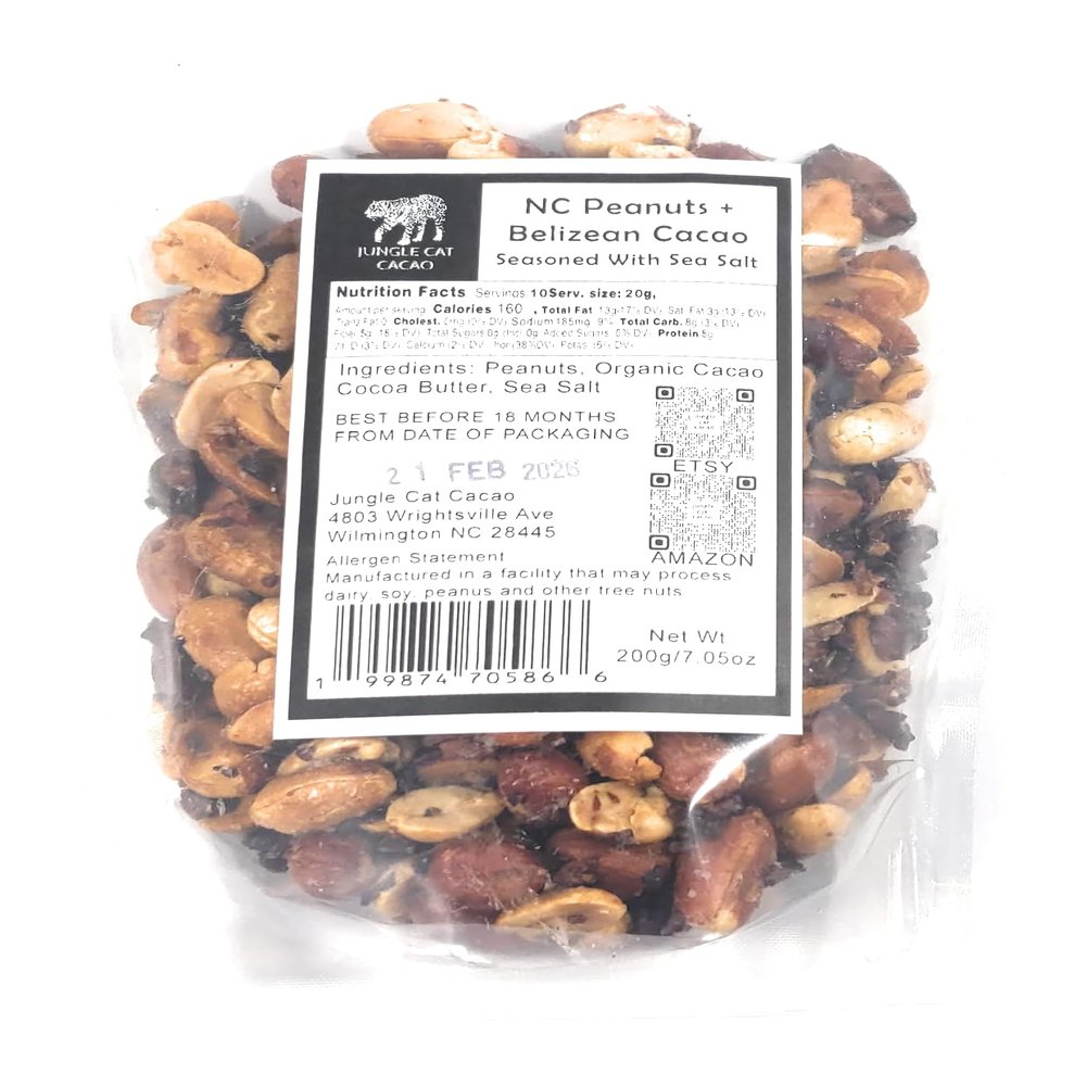 Jungle Cat Cacao - NC Peanuts + Belizean Cacao Nibs Snack Mix - 200g/7oz- Seasoned With Sea Salt and Organic Cocoa Butter - Flame Roasted - Healthy Nutrient Rich Snacks - Ten Percent Cacao Nibs Per Package