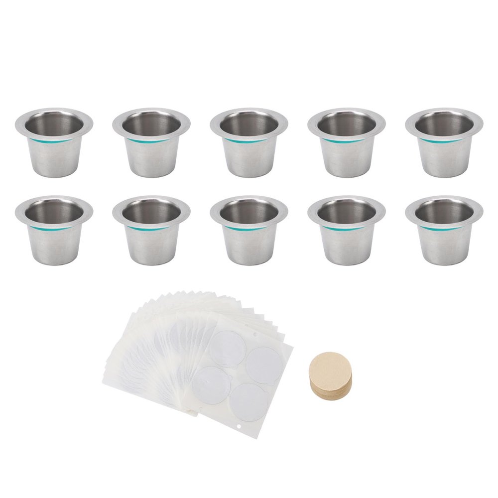 10PCS Refillable Coffee Capsules Cup, Stainless Steel Reusable Coffee Pods with Aluminum Foil Lids and Filter Paper for Machines