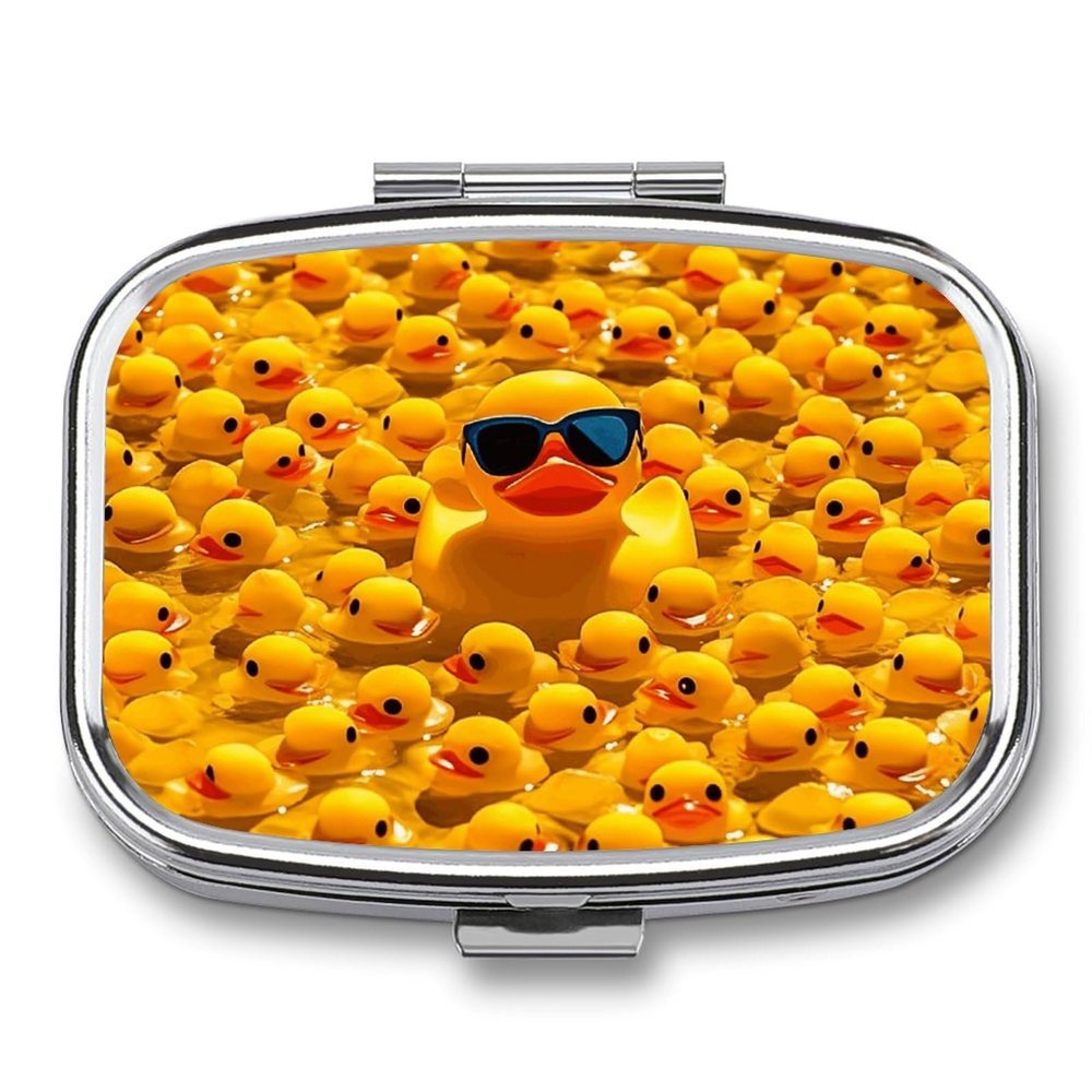 Rubber Ducky Pill Box 2 Compartment Portable Travel Pill Case with Mirror Square Metal Medicines Storage Container Pocket Medicine Box to Hold Vitamins Fish Oil