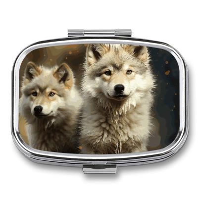 Cute Wolf Pill Box 2 Compartment Portable Travel Pill Case with Mirror Square Metal Medicines Storage Container Pocket Medicine Box to Hold Vitamins Fish Oil