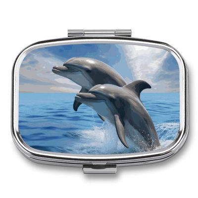 Two Dolphins Pill Box 2 Compartment Portable Travel Pill Case with Mirror Square Metal Medicines Storage Container Pocket Medicine Box to Hold Vitamins Fish Oil