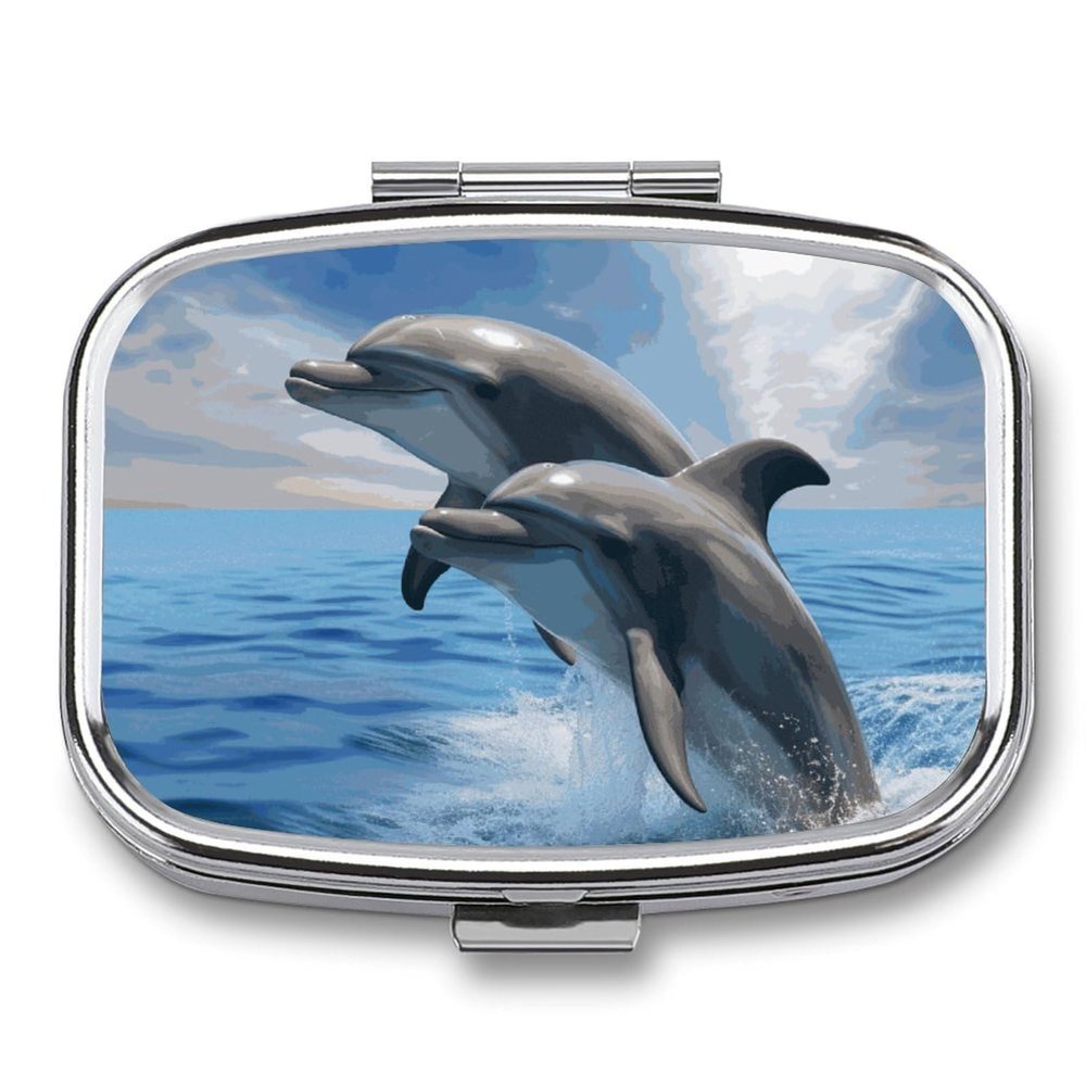Two Dolphins Pill Box 2 Compartment Portable Travel Pill Case with Mirror Square Metal Medicines Storage Container Pocket Medicine Box to Hold Vitamins Fish Oil