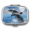 Two Dolphins Pill Box 2 Compartment Portable Travel Pill Case with Mirror Square Metal Medicines Storage Container Pocket Medicine Box to Hold Vitamins Fish Oil