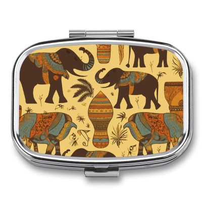 Africa Elephant Pill Box 2 Compartment Portable Travel Pill Case with Mirror Square Metal Medicines Storage Container Pocket Medicine Box to Hold Vitamins Fish Oil