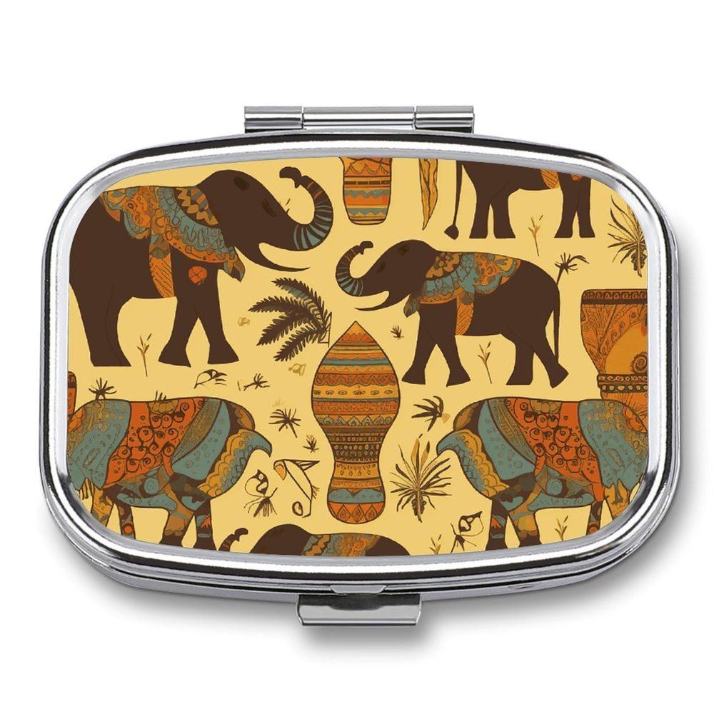 Africa Elephant Pill Box 2 Compartment Portable Travel Pill Case with Mirror Square Metal Medicines Storage Container Pocket Medicine Box to Hold Vitamins Fish Oil