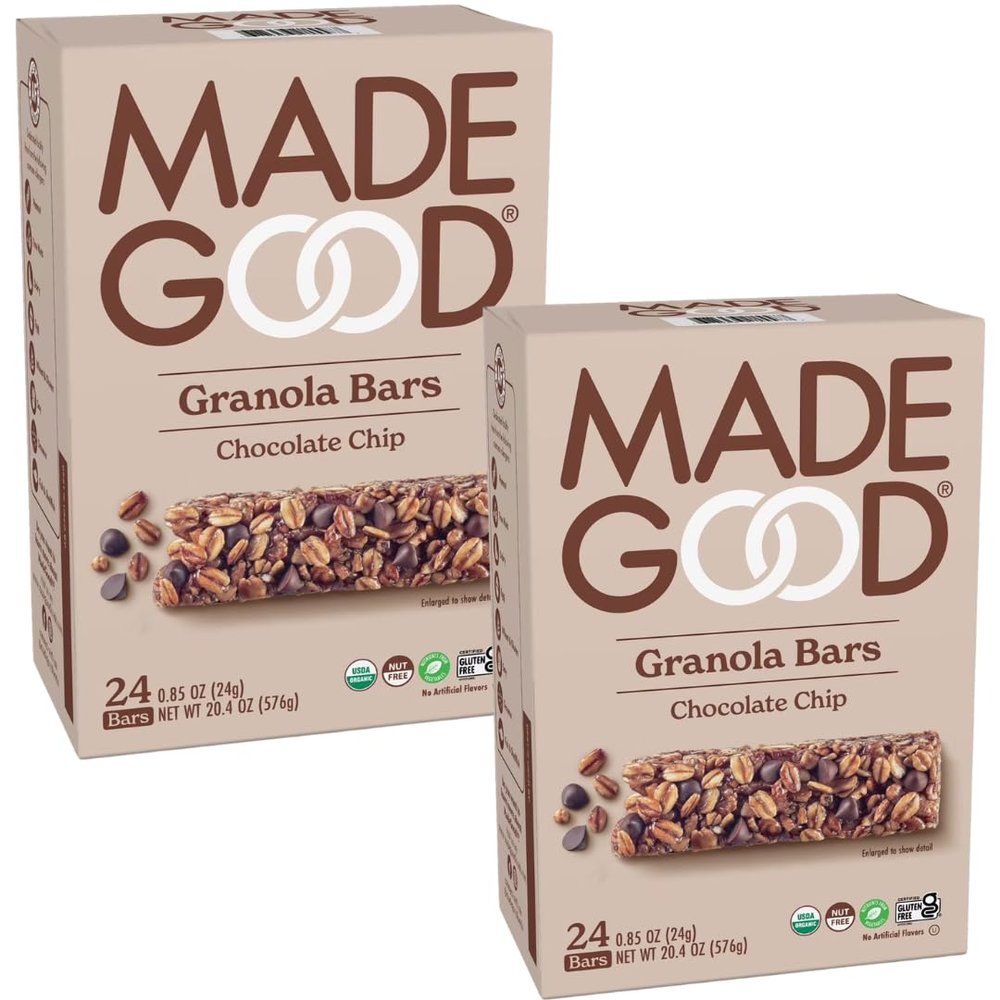 Made on Good Organic Chewy Granola Bars, Chocolate Chip, Soft Baked Snack Bars, School Friendly & Allergy Friendly, 2 Pack