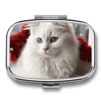 Cute White Cat Pill Box 2 Compartment Portable Travel Pill Case with Mirror Square Metal Medicines Storage Container Pocket Medicine Box to Hold Vitamins Fish Oil