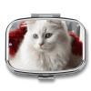 Cute White Cat Pill Box 2 Compartment Portable Travel Pill Case with Mirror Square Metal Medicines Storage Container Pocket Medicine Box to Hold Vitamins Fish Oil view 1