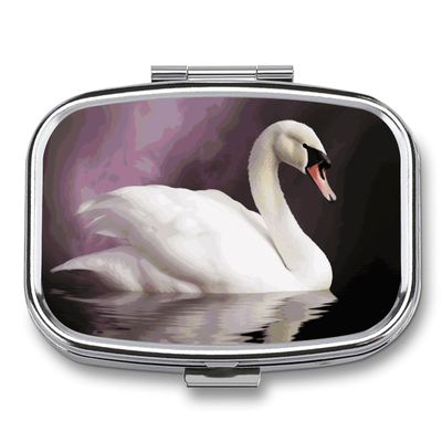 White Swan Pill Box 2 Compartment Portable Travel Pill Case with Mirror Square Metal Medicines Storage Container Pocket Medicine Box to Hold Vitamins Fish Oil