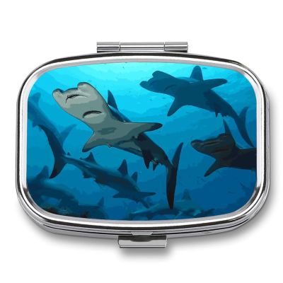 Hammerhead Sharks Pill Box 2 Compartment Portable Travel Pill Case with Mirror Square Metal Medicines Storage Container Pocket Medicine Box to Hold Vitamins Fish Oil