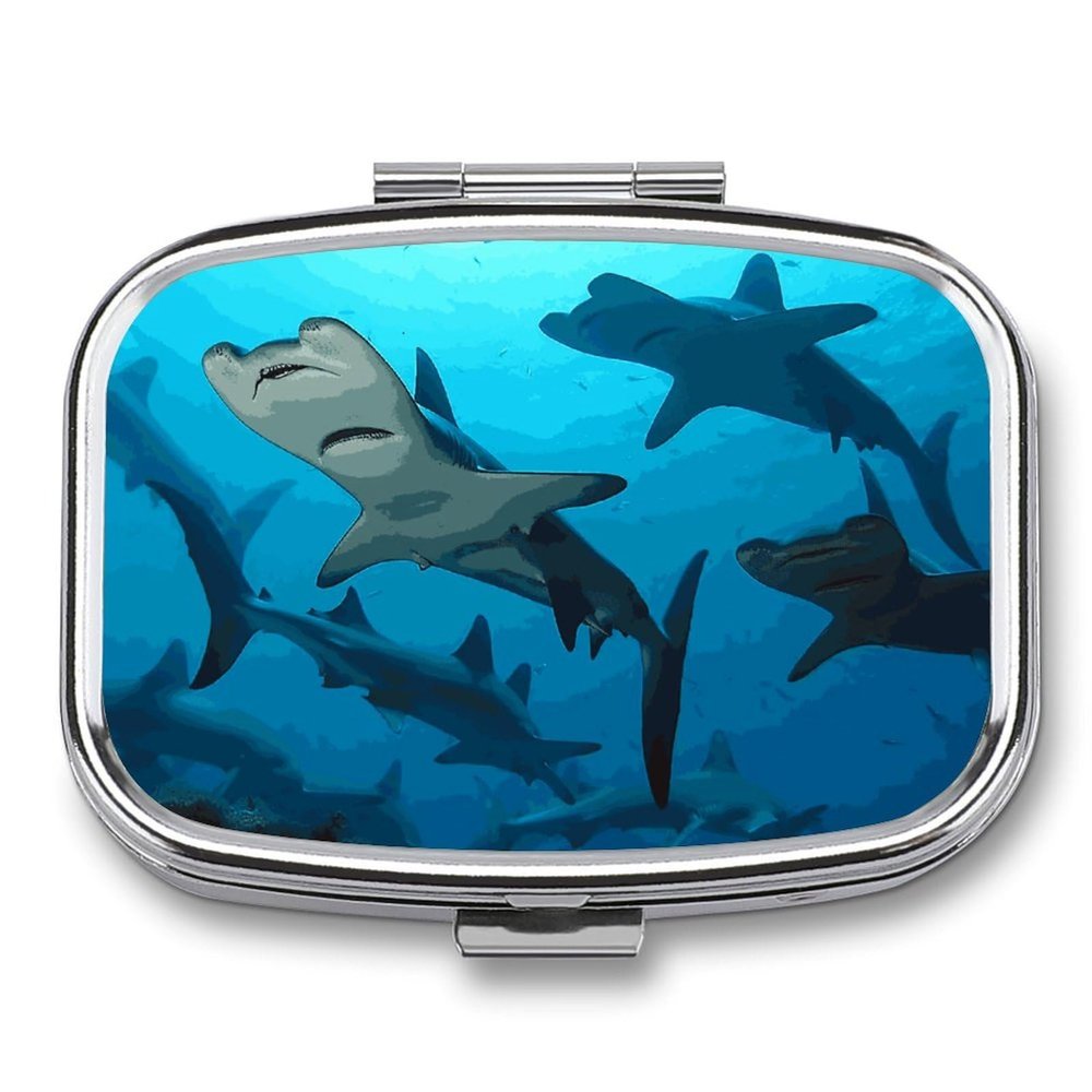 Hammerhead Sharks Pill Box 2 Compartment Portable Travel Pill Case with Mirror Square Metal Medicines Storage Container Pocket Medicine Box to Hold Vitamins Fish Oil
