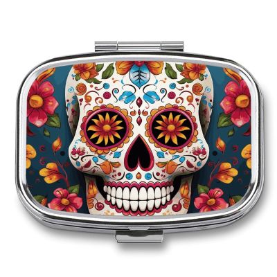 Colorful Sugar Skull Pill Box 2 Compartment Portable Travel Pill Case with Mirror Square Metal Medicines Storage Container Pocket Medicine Box to Hold Vitamins Fish Oil