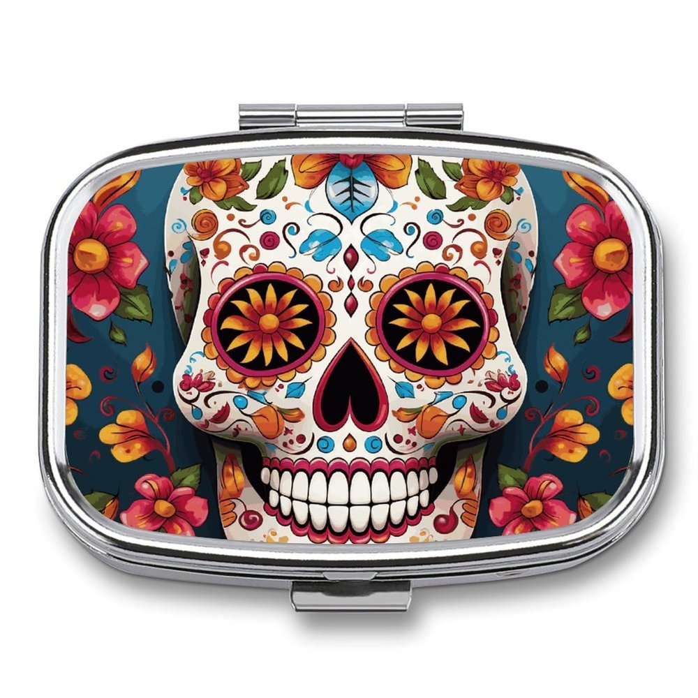 Colorful Sugar Skull Pill Box 2 Compartment Portable Travel Pill Case with Mirror Square Metal Medicines Storage Container Pocket Medicine Box to Hold Vitamins Fish Oil