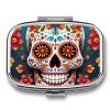 Colorful Sugar Skull Pill Box 2 Compartment Portable Travel Pill Case with Mirror Square Metal Medicines Storage Container Pocket Medicine Box to Hold Vitamins Fish Oil view 1