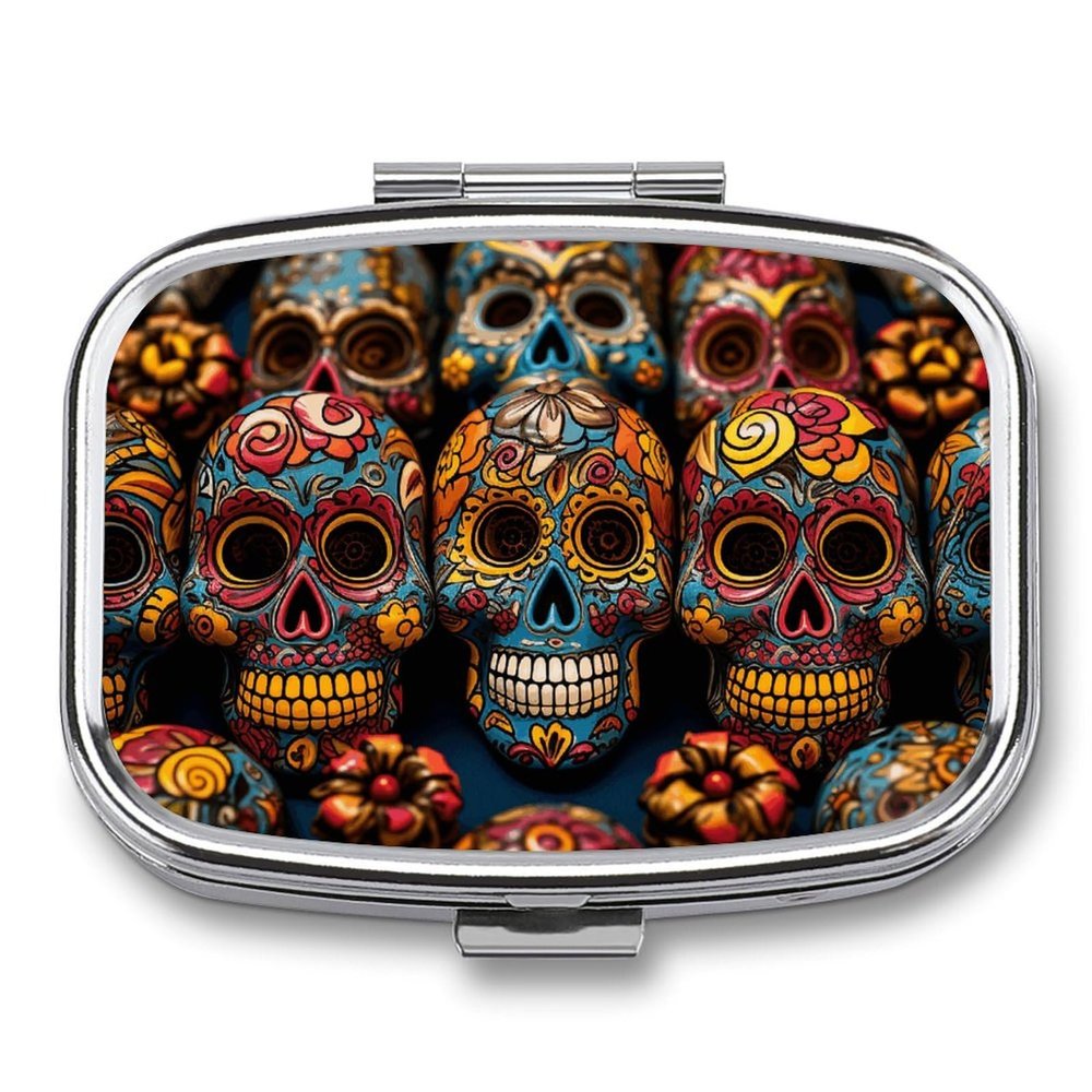 Colorful Sugar Skulls Pill Box 2 Compartment Portable Travel Pill Case with Mirror Square Metal Medicines Storage Container Pocket Medicine Box to Hold Vitamins Fish Oil