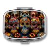 Colorful Sugar Skulls Pill Box 2 Compartment Portable Travel Pill Case with Mirror Square Metal Medicines Storage Container Pocket Medicine Box to Hold Vitamins Fish Oil view 1