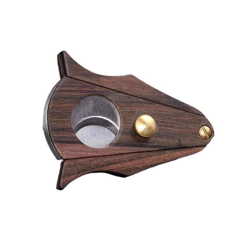 AHGDDA Stainless Steel Cigar Cutter, Professional Precision Double Blade Guillotine, Shark-Fin Silhouette Handheld Clipper, Wood Grained and Polished Metal Accessory(A)