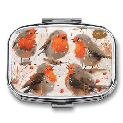 Cheerful Birds Pill Box 2 Compartment Portable Travel Pill Case with Mirror Square Metal Medicines Storage Container Pocket Medicine Box to Hold Vitamins Fish Oil