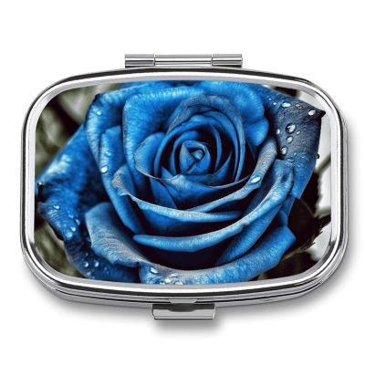 Blue Rose Pill Box 2 Compartment Portable Travel Pill Case with Mirror Square Metal Medicines Storage Container Pocket Medicine Box to Hold Vitamins Fish Oil