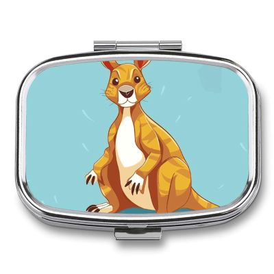 Funny Cartoon Kangaroo Zoo Pill Box 2 Compartment Portable Travel Pill Case with Mirror Square Metal Medicines Storage Container Pocket Medicine Box to Hold Vitamins Fish Oil