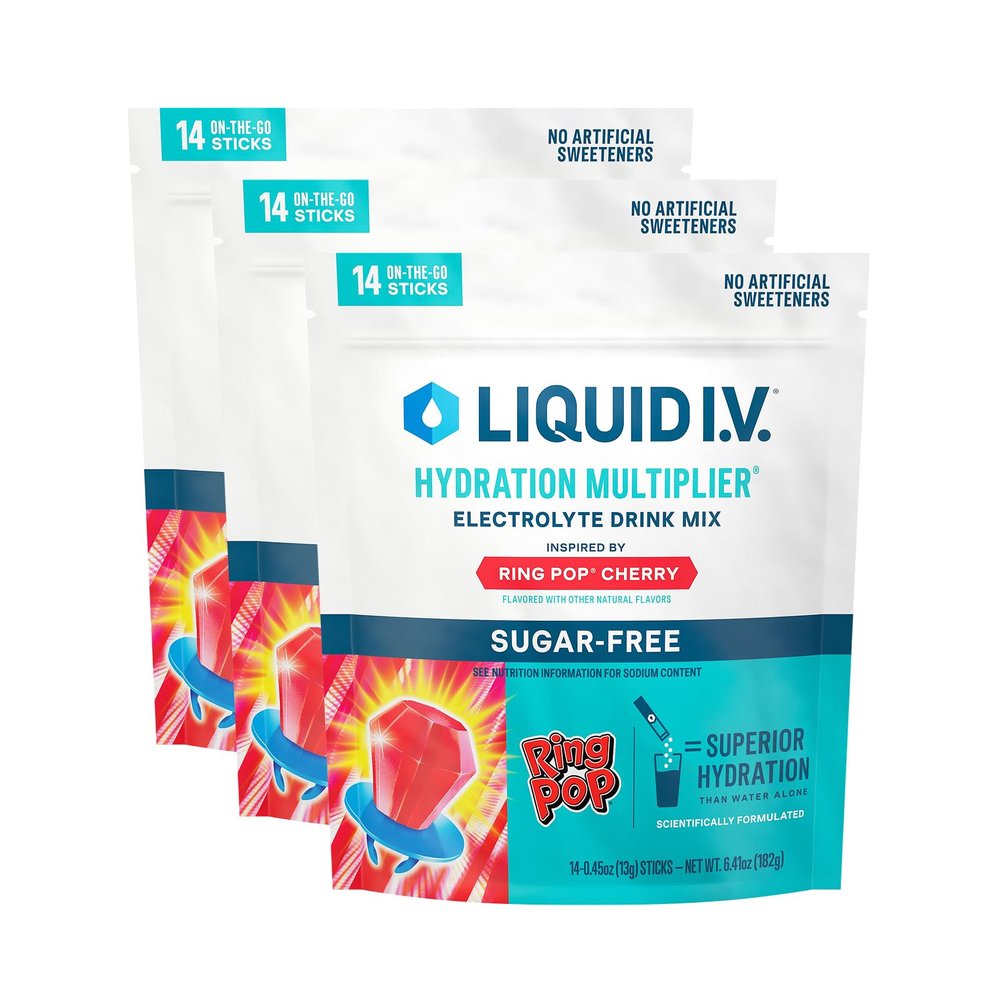 Liquid I.V. Hydration Multiplier Sugar-Free - Ring Pop Cherry | Electrolyte Powder Drink Mix | 3 Pack (42 Servings)