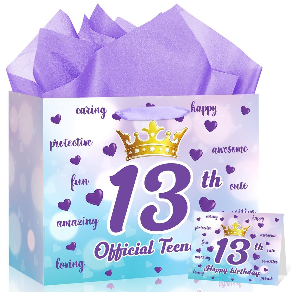 Purple 13th Birthday Gift Bag for Girls Double-Sided Official 13 Teenager Gift Wrapping Bag with Greeting Card Crown Hearts Candy Bag for Purple Blue Girls Boys 13 Years Old Bday Party Supplies