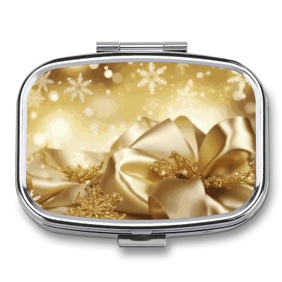 Gold Silk Christmas Pill Box 2 Compartment Portable Travel Pill Case with Mirror Square Metal Medicines Storage Container Pocket Medicine Box to Hold Vitamins Fish Oil