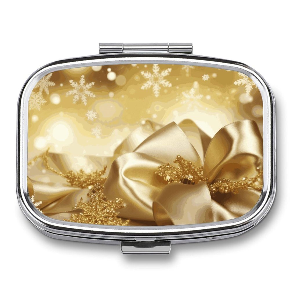Gold Silk Christmas Pill Box 2 Compartment Portable Travel Pill Case with Mirror Square Metal Medicines Storage Container Pocket Medicine Box to Hold Vitamins Fish Oil
