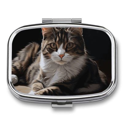 Tabby Cat Pill Box 2 Compartment Portable Travel Pill Case with Mirror Square Metal Medicines Storage Container Pocket Medicine Box to Hold Vitamins Fish Oil