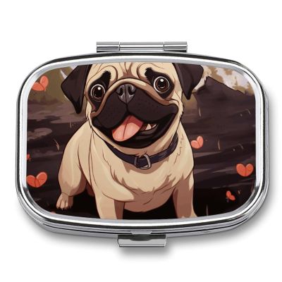 Cute Pug Pill Box 2 Compartment Portable Travel Pill Case with Mirror Square Metal Medicines Storage Container Pocket Medicine Box to Hold Vitamins Fish Oil