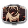 Cute Pug Pill Box 2 Compartment Portable Travel Pill Case with Mirror Square Metal Medicines Storage Container Pocket Medicine Box to Hold Vitamins Fish Oil view 1
