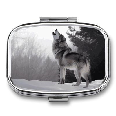 Howling Wolf Pill Box 2 Compartment Portable Travel Pill Case with Mirror Square Metal Medicines Storage Container Pocket Medicine Box to Hold Vitamins Fish Oil