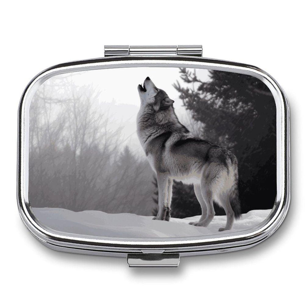 Howling Wolf Pill Box 2 Compartment Portable Travel Pill Case with Mirror Square Metal Medicines Storage Container Pocket Medicine Box to Hold Vitamins Fish Oil