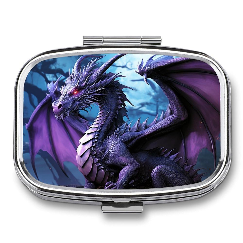 Purple Dragon Pill Box 2 Compartment Portable Travel Pill Case with Mirror Square Metal Medicines Storage Container Pocket Medicine Box to Hold Vitamins Fish Oil