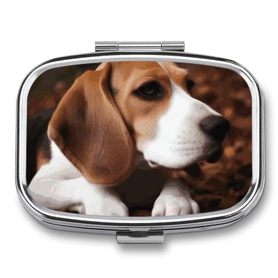 Cute Beagle Pill Box 2 Compartment Portable Travel Pill Case with Mirror Square Metal Medicines Storage Container Pocket Medicine Box to Hold Vitamins Fish Oil