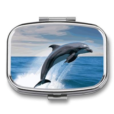 Jumping Up Dolphins Pill Box 2 Compartment Portable Travel Pill Case with Mirror Square Metal Medicines Storage Container Pocket Medicine Box to Hold Vitamins Fish Oil