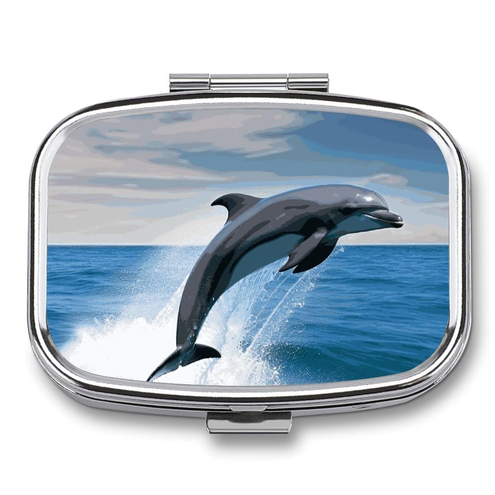 Jumping Up Dolphins Pill Box 2 Compartment Portable Travel Pill Case with Mirror Square Metal Medicines Storage Container Pocket Medicine Box to Hold Vitamins Fish Oil
