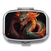 Chinese Dragon Pill Box 2 Compartment Portable Travel Pill Case with Mirror Square Metal Medicines Storage Container Pocket Medicine Box to Hold Vitamins Fish Oil view 1