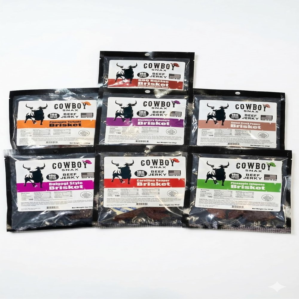 Cowboy Snax Brisket Beef Jerky Variety Pack 7 Unique Flavors, 18g Protein Per Bag, USDA Inspected, Made in USA 14oz Sampler Gift Set (2oz x 7 Bags)