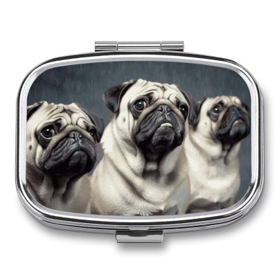 Funny Pug Dog Pill Box 2 Compartment Portable Travel Pill Case with Mirror Square Metal Medicines Storage Container Pocket Medicine Box to Hold Vitamins Fish Oil
