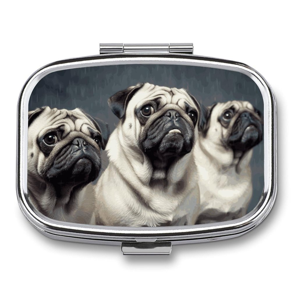 Funny Pug Dog Pill Box 2 Compartment Portable Travel Pill Case with Mirror Square Metal Medicines Storage Container Pocket Medicine Box to Hold Vitamins Fish Oil