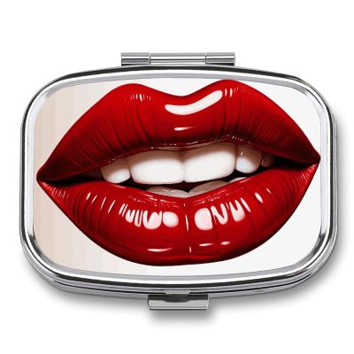 Cute Graphic Red Lips Pill Box 2 Compartment Portable Travel Pill Case with Mirror Square Metal Medicines Storage Container Pocket Medicine Box to Hold Vitamins Fish Oil