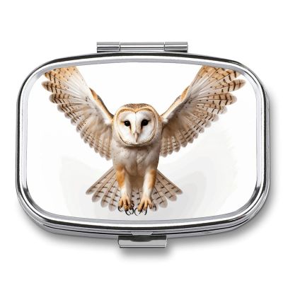 A Barn Owl Pill Box 2 Compartment Portable Travel Pill Case with Mirror Square Metal Medicines Storage Container Pocket Medicine Box to Hold Vitamins Fish Oil